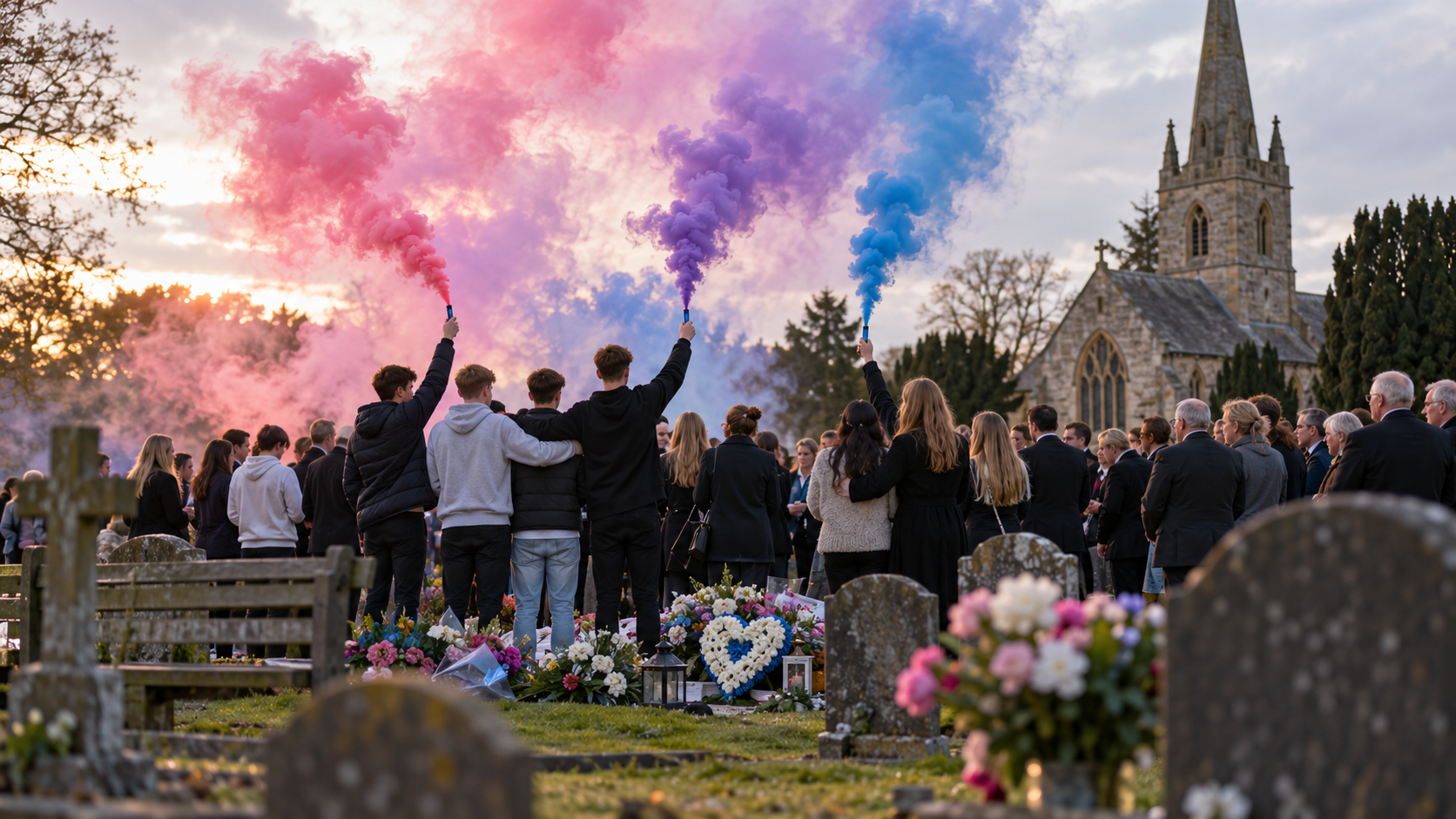 Illustrative scene of family and young friends gathering in a British cemetery with coloured smoke raised in remembrance of a young person