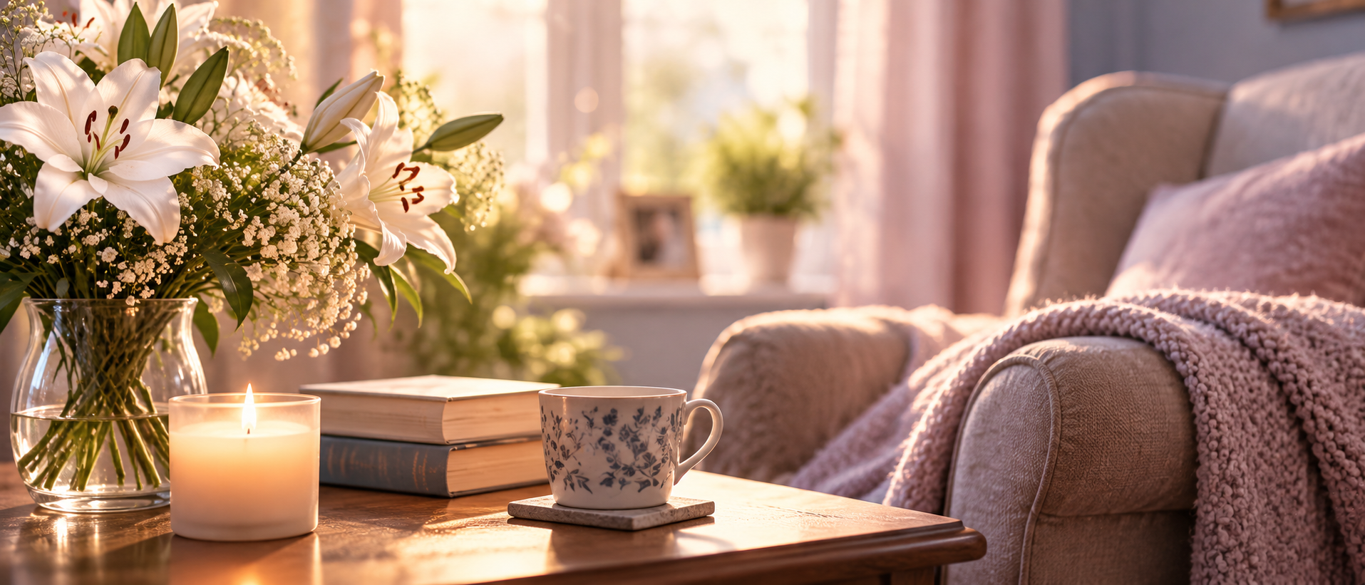 A peaceful sitting room with fresh flowers, a candle and a comfortable armchair