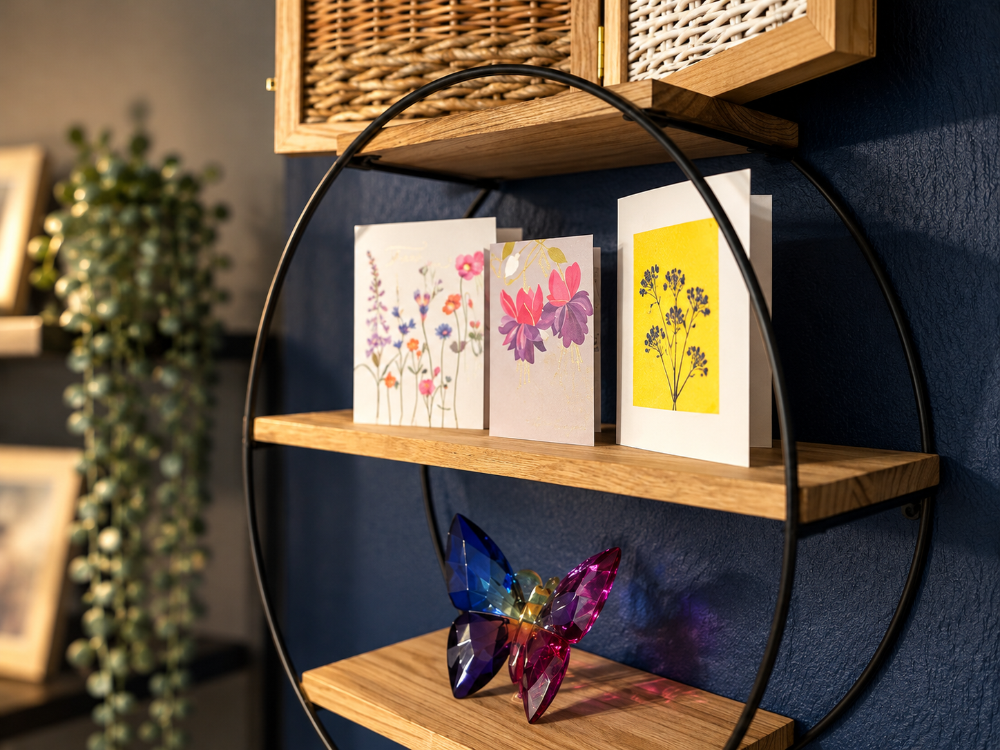 Close-up of decorative cards and a glass butterfly in a welcoming funeral home setting