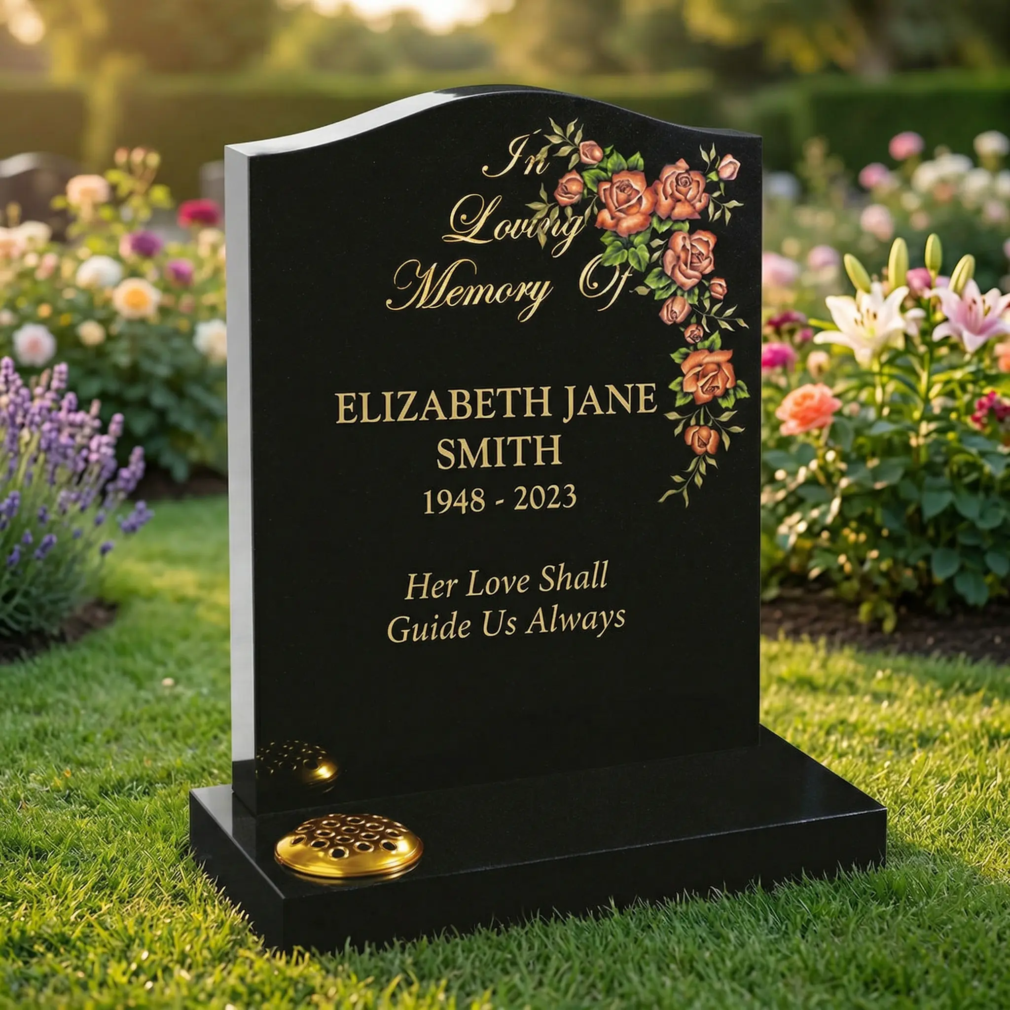 Contemporary grey memorial stone in a garden setting, with engraved lettering and flowers